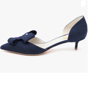XYD Navy D'Orsay Kitten Heel Bridal Bowknot Pumps Pointed Closed Toe Shoes